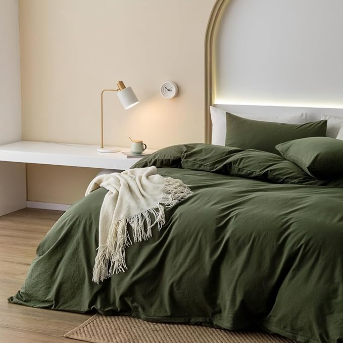 JIYUAN 100% Washed Cotton Duvet Cover Set 3 Pieces King, 1 Duvet Cover 104x90 Inches(Comforter Not Included) and 2 Pillowcases,Linen Feel Bedding Set Comfy and Breathable,Olive Green