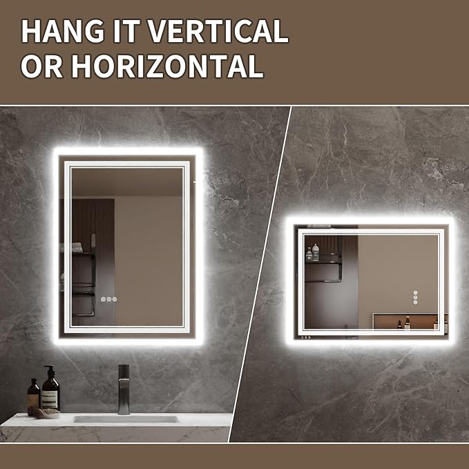 Bathroom Mirror with Lights 24"X32" with Front Light and Backlit, Tempered Glass, Wall Mount Horizontal/Vertical, Stepless Dimmable, 3 Colors, Anti Fog, Bathroom Memory LED Mirror