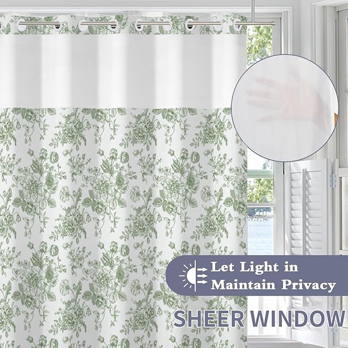 Floral Shower Curtain No Hooks with Snap in Fabric Liner Set,Spring Farmhouse Shower Curtain Hotel Bathroom Decor,with See Through Top Window,Green Flowers Fabric Waterproof,71x74 Inch