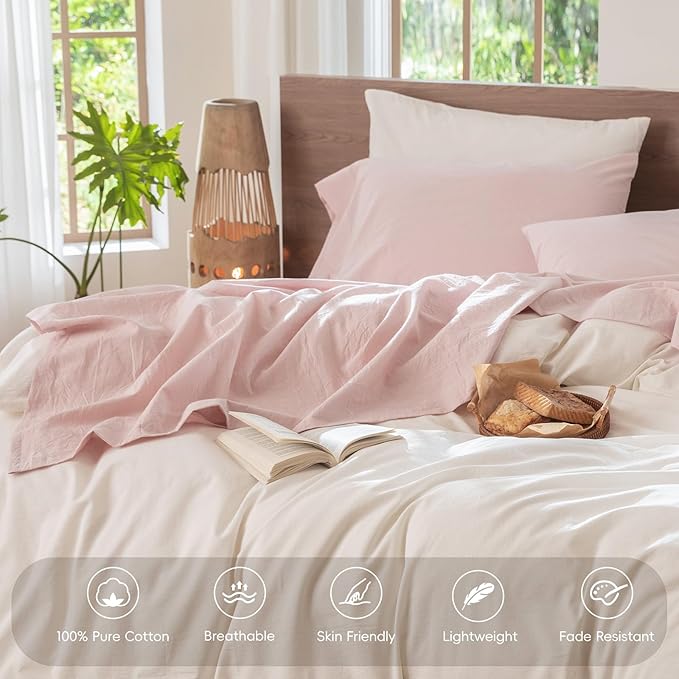 MooMee Bedding Sheet Set 100% Washed Cotton Linen Like Textured Breathable Durable Soft Comfy (Heathered Greyish Pink, California King)