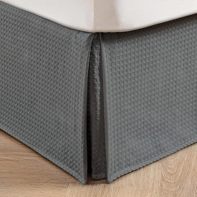 MIYE Pleated Waffle Weave Bed Skirt, Tailored Dust Ruffle 14 Inch Drop Easy Fit, Machine Washable (Dark Grey,Cal King - 14" Drop)