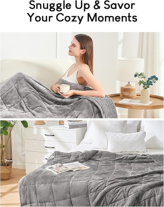 Cottonblue Weighted Blanket 25 lbs for Queen Bed, Flannel Shaggy Sherpa Weighted Blanket for Adults Comfortable Weighted Blankets for Calming and Relax, Bed Sofa Heavy Blankets, 60x80 inches, Grey