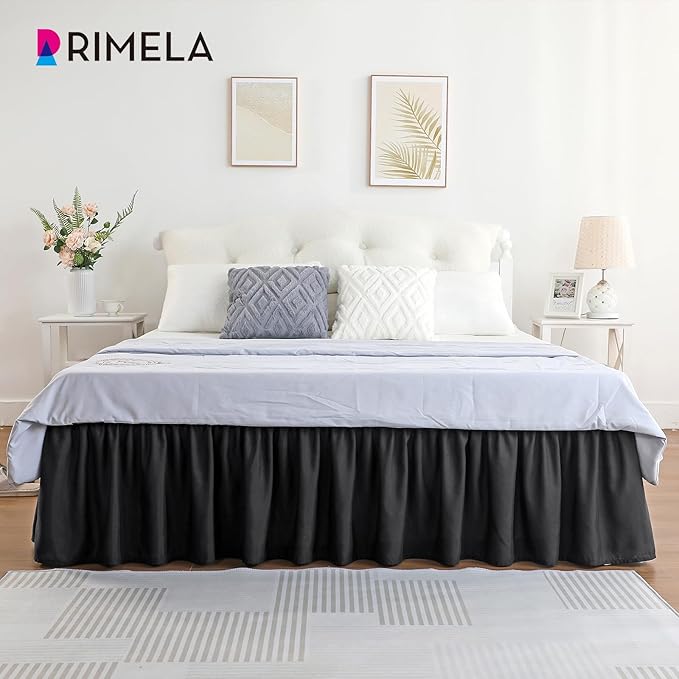 RIMELA Bed Skirt Wrap Around Elastic Dust Ruffles Solid Color Wrinkle and Fade Resistant with Adjustable Elastic Belt Easy to Install Black for Queen Size 18 Inch Drop