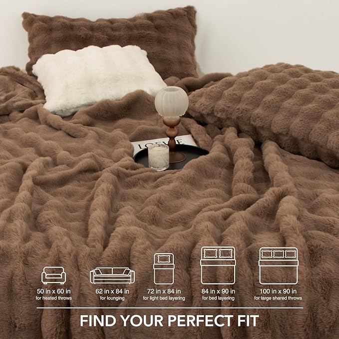 Faux Rabbit Fur Bubble Electric Blanket King Camel - Fluffy Thick Heated Blanket with Dual Control, 6 Heating Levels & 10 Timer Settings, ETL Certified, Decor Gifts for Home (100" x 90")