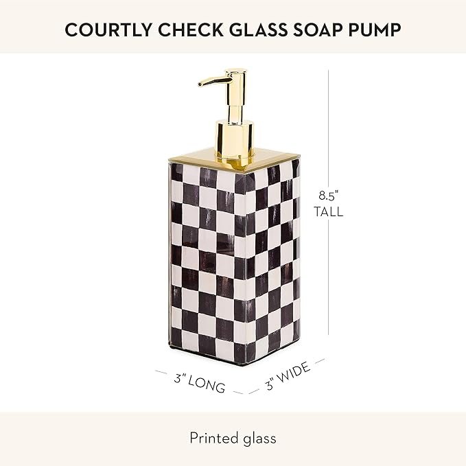 MACKENZIE-CHILDS Glass Soap Pump, Liquid Soap Dispenser, Black-and-White Courtly Check