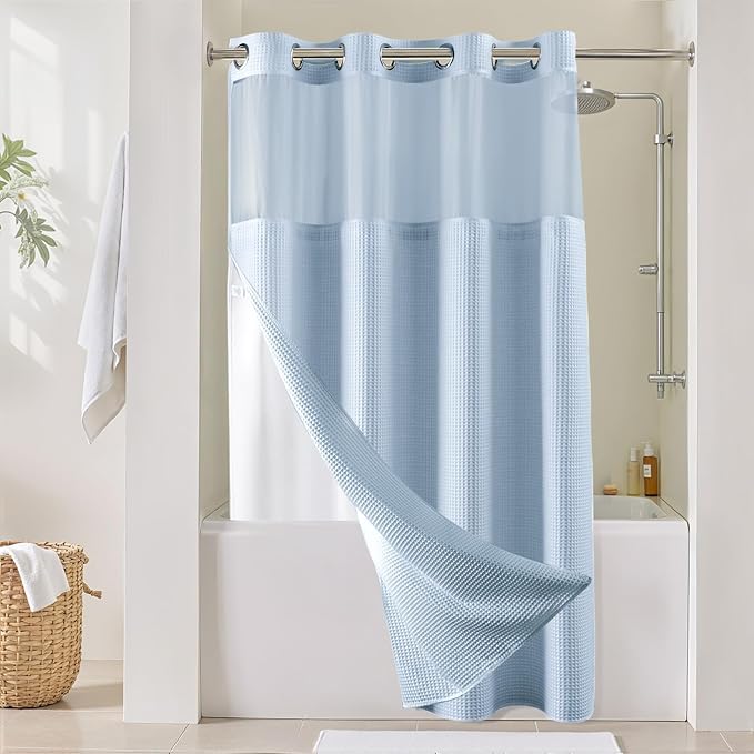 River Dream Misty Blue Fabric Shower Curtain Set, Cotton Blend, Waffle Weave, with Snap in Replacement Liner，54 x 80 inches