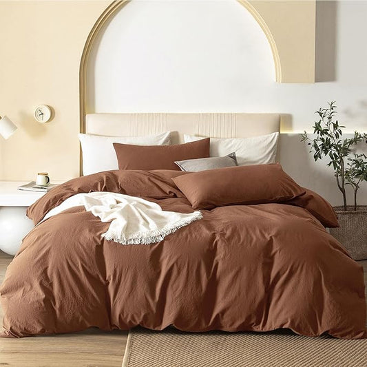 JIYUAN 100% Washed Cotton Duvet Cover Set 3 Pieces Queen, 1 Duvet Cover 90x90 Inches(Comforter Not Included) and 2 Pillowcases,Linen Feel Bedding Set Comfy and Breathable,Burnt Orange