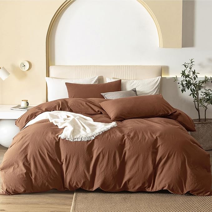 JIYUAN 100% Washed Cotton Duvet Cover Set 3 Pieces Full, 1 Duvet Cover 80x90 Inches(Comforter Not Included) and 2 Pillowcases,Linen Feel Bedding Set Comfy and Breathable,Burnt Orange