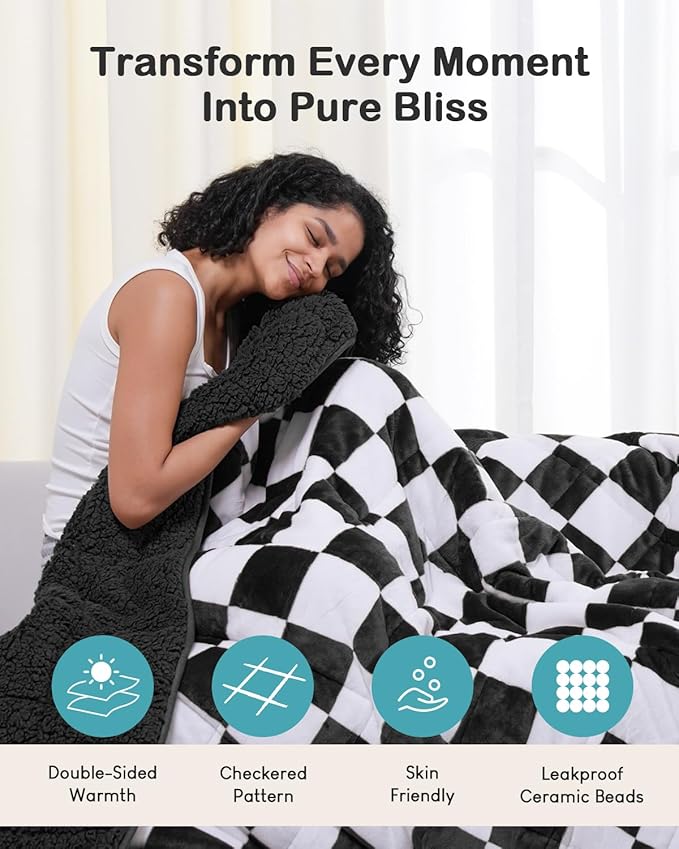 Weighted Blanket for Adults, 12lbs Sherpa Flannel Weighted Blanket Queen Size, Soft Fluffy Fleece Checkerboard Weighted Blankets for Calming and Relax, Plaid Black, 60" x 80"
