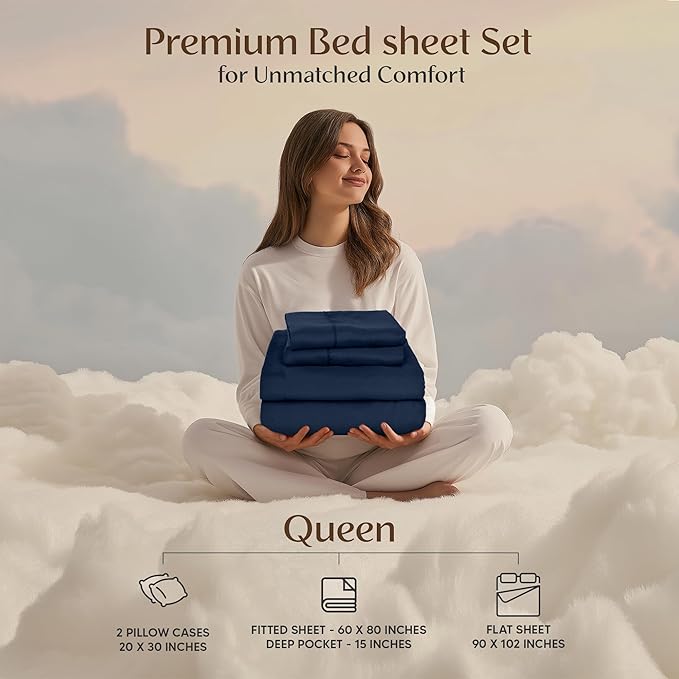 Utopia Bedding Queen Sheet Set – 4 Piece Bed Sheets for Queen Size Bed, Soft and Breathable Microfiber, Includes 1 Fitted Sheet, 1 Flat Sheet and 2 Pillowcases (Navy Blue)