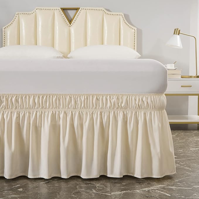 MEILA Wrap Around Bed Skirt Three Fabric Sides Elastic Dust Ruffled 24 Inch Tailored Drop,Easy to Install Fade Resistant-Beige, Twin/Full