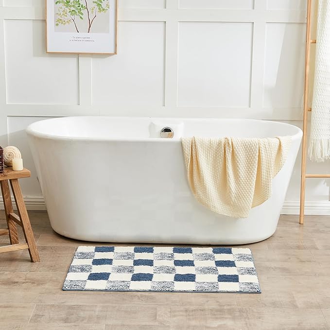 CozeCube Bath mats for Bathroom Non Slip, Fluffy Absorbent Microfiber Bath mat Washable, Aesthetic Bathroom Rugs, Small Navy Blue Checkered Bath mat, Navy Blue, 24" x 16"