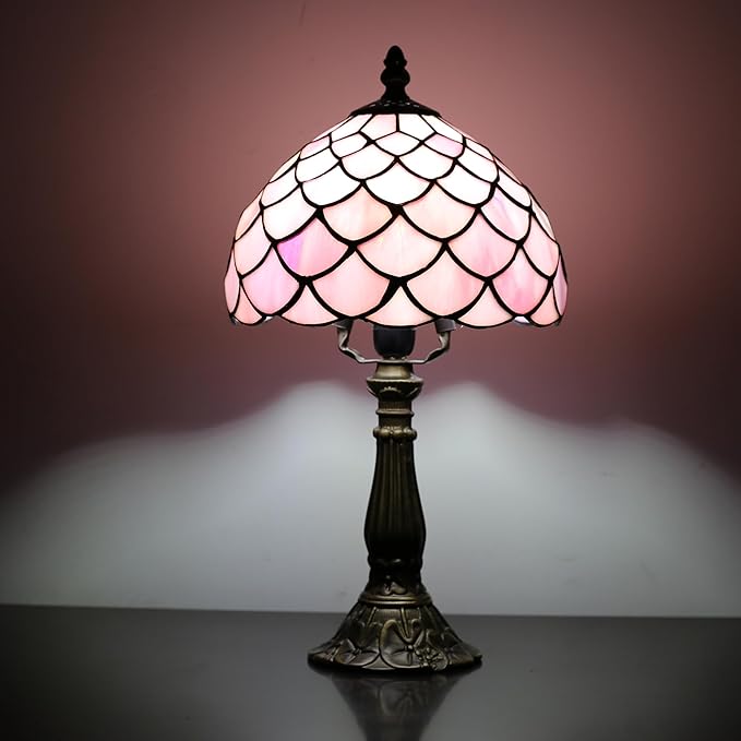 Tiffany Table Lamp for Bedroom Bedside Nightstand Table Lamps for Living Room 3 Way Color Temperatures Stained Glass Table Lamp 8X8X15 Inch Home Office Reading Desk Lamp (Pink Fish Scales)