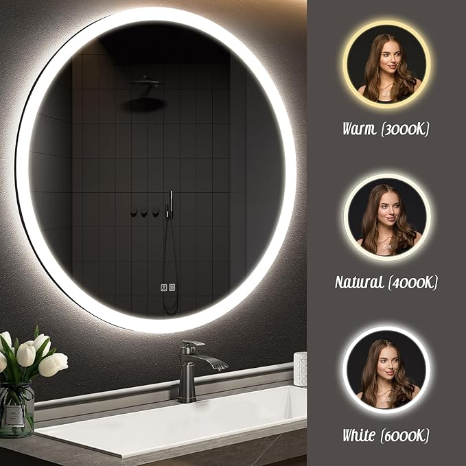 APRILSOUL 36 Inch Round LED Bathroom Vanity Mirror with Front and Backlit, Led Mirror with Anti-Fog, 3 Colors and Dimmable Light