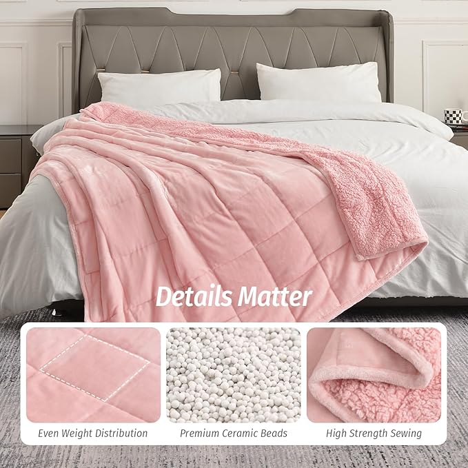 Wemore Sherpa Fleece Weighted Blanket for Adult, 20 lbs Dual Sided Cozy Fluffy Heavy Blanket, Ultra Fuzzy Throw Blanket with Soft Plush Flannel Top, 60 x 80 inches Pink on Both Sides