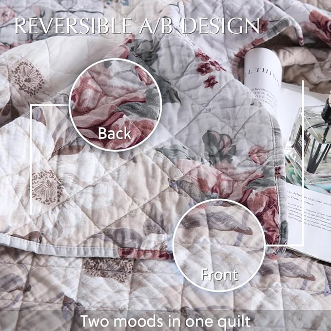 Cotton Bedspread Quilt Bedding Sets 3 Pieces Reversible Coverlet Sets Comforters Vintage Floral Patchwork White Bedspread, King Size
