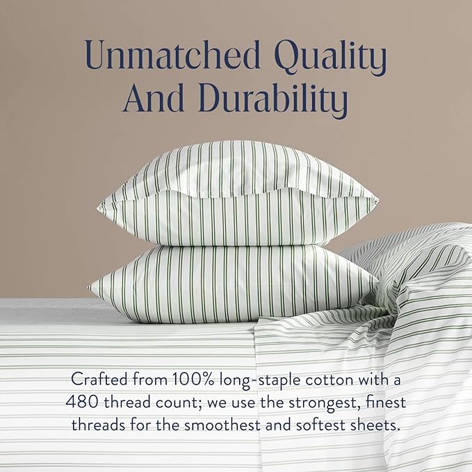Brooklinen Luxury Sateen Duvet Cover - 100% Cotton, King/California King Size in Green Tandem Stripe with Extra-Long Corner Ties and Button Closure - Best King/Cali King Duvet Covers