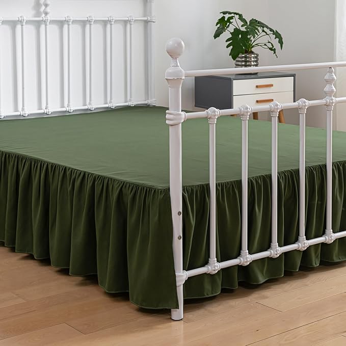 Bed Skirt Queen Size Ruffled Bed Skirt with Split Corners, 14 Inch Drop Dust Ruffle Bed Skirt with Platform, Green
