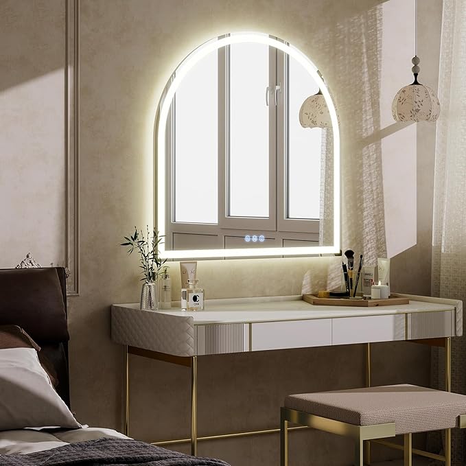 BEAUTYPEAK LED Arch Bathroom Mirrors with Lights, 34x30 Arch Mirror with Metal Frame, Anti-Fog,LED Mirror with Front Light and Backlit, Memory Function for Bathroom, Dressing Room