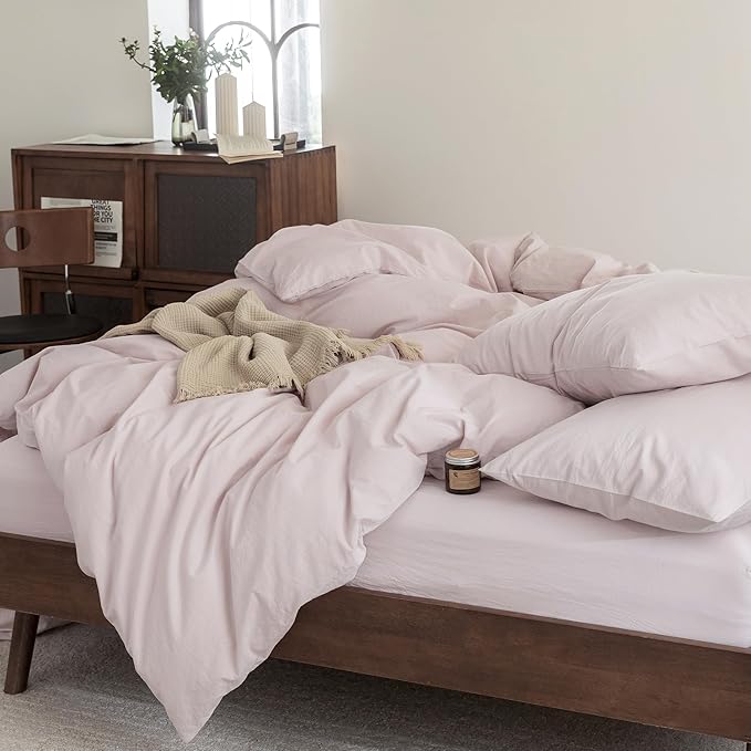FOSSA Duvet Cover Set 100% Washed Cotton Linen Feel Super Soft Breathable Cozy 3 Pieces Bedding Sets Solid Greyish Pink Super King