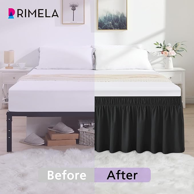 RIMELA Black Bed Skirt Full Size 18 Inch Drop, Elastic Bed Skirting for Bed Base and Frame, Bedding Dust Ruffle Easy to Install, Lightweight Wrap Around Adjustable Bedskirt