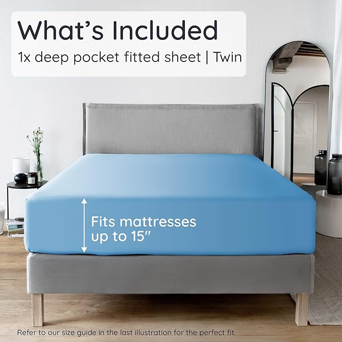 Bambaw 100% Viscose Derived from Bamboo Fitted Sheet Twin Size, Twin Mattress Fitted Sheet Only, Cooling Fitted Sheet Twin Size, 15’’ Deep Pocket Blue Twin Fitted Sheet, Soft Fitted Sheet (Dream Blue)