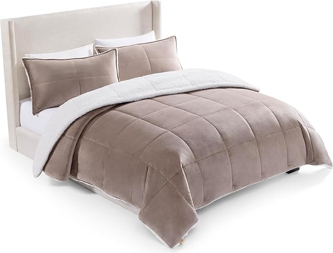 UGG Blissful Comforter Set with 2 Pillow Shams Reversible White Comforter Plush Fluffy Warm Bed Set Premium Hypoallergenic Down Alternative Bedding Breathable, King/California King, Brown Fawn