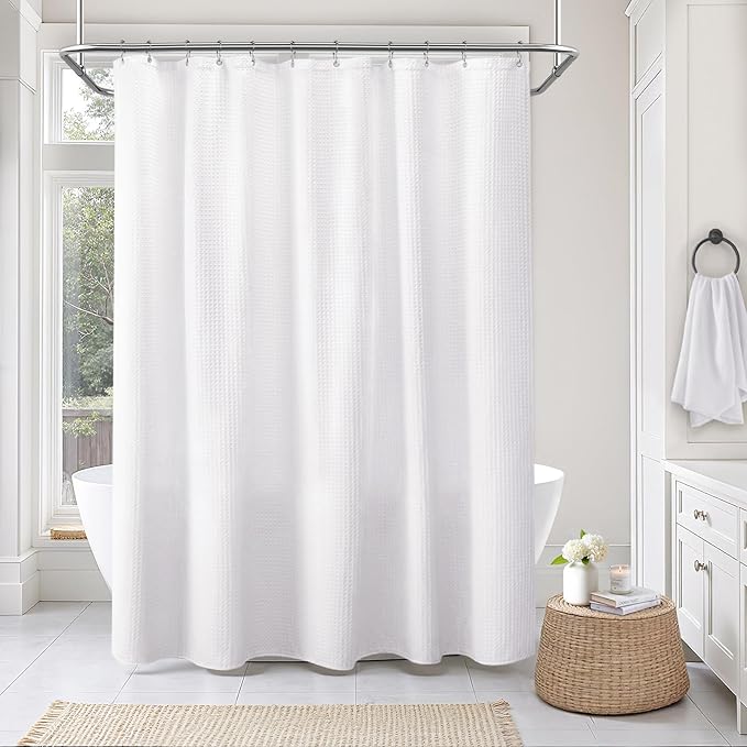 Extra Long Waffle Shower Curtain - White Cotton Texture Fabric Heavyweight Shower Curtain for Bathroom,72Wx84L