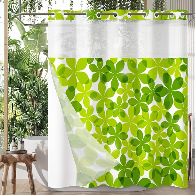 Green Flower Shower Curtain No Hooks with Snap-in Fabric Liner Set,Spring Leaves Shower Curtain for Bathroom,Hotel Decor Waterproof Shower Curtains,with See Through Top Window,71W x 74H