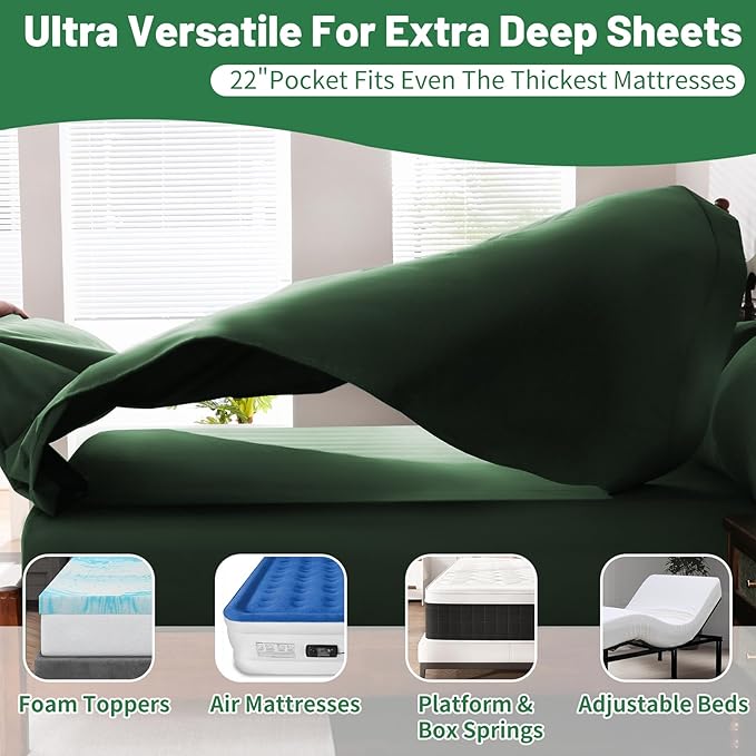 Extra Deep Pocket Queen Sheets 18-24 Inch 1000 Thread Count 100% Egyptian Cotton Sateen Weave Soft Breathable 4 Pieces（Queen,Forest Green）