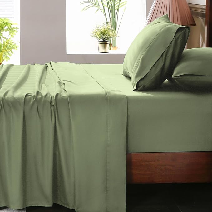 Extra Deep Pocket King Sheets 18-24 Inch 1000 Thread Count 100% Egyptian Cotton Sateen Weave Soft Breathable 4 Pieces（King，Olive Green）