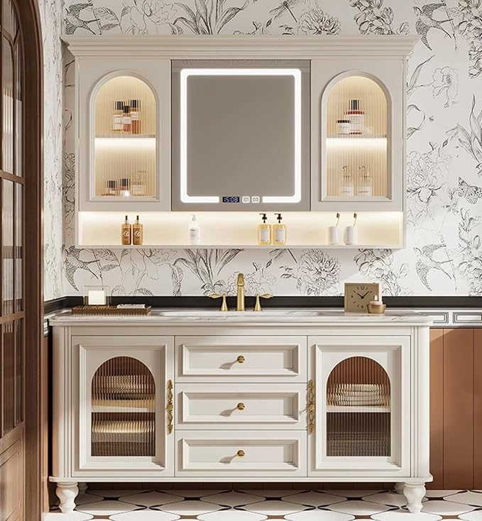Freestanding Bathroom Vanity with Sink, Solid Wood Bathroom Vanity Set, Vintage Bathroom Vanities with Large Capacity Storage Cabinet and Open Shelf, Elegant Vanities (White,36")