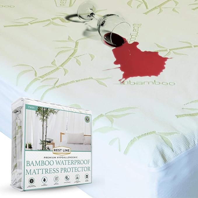 Twin Size 39x75” Premium Bamboo Waterproof Mattress Protector, 100% Viscose from Bamboo, Hypoallergenic, Cooling Mattress Pad Cover, Soft & Breathable Fitted Sheet Style up to 18" Deep - Rest Line