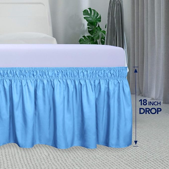 PureFit Wrap Around Ruffled Bed Skirt with Adjustable Elastic Belt - 18 Inch Drop Easy to Put On, Wrinkle Free Bedskirt Dust Ruffles, Bed Frame Cover for Twin,Twin XL and Full Size Beds, Light Blue