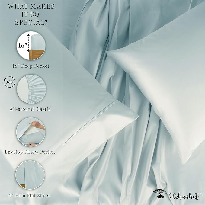URBANHUT 1000 Thread Count Queen Sheet Set Egyptian Cotton, Long Staple Soft & Breathable, 4 Pc Bed Sheet Sets, Luxury Hotel Sateen Sheets Fits 16" Deep Pocket - Light Blue