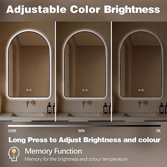Niccy Arched LED Lighted Bathroom Mirror, 36x24 Inch Backlit Vanity Mirror with Lights Brushed Black Framed Wall Mounted Mirrors with Dimmable 3 Color Shatterproof Arch Smart Fog Free Mirror
