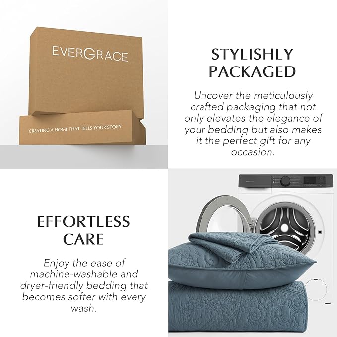 EVERGRACE 100% Cotton Paisley Quilt Set, Queen Size 3 Piece Set – Prewashed Lightweight Bedspread with 2 Shams, Soft & Breathable Matelasse Coverlet for All-Season Comfort, Stormy Blue
