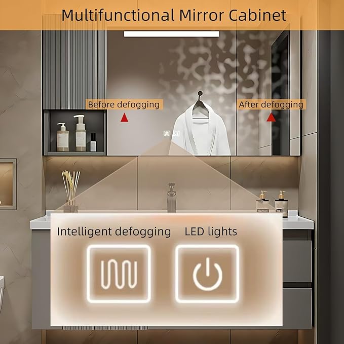 52IN Suspended Bathroom Cabinet Combo Set - Fully Functional LED Mirror with Smart Defogging & Time Display | Bathroom Vanity with Sink,Side Cabinet Storage Compartment (Style C)