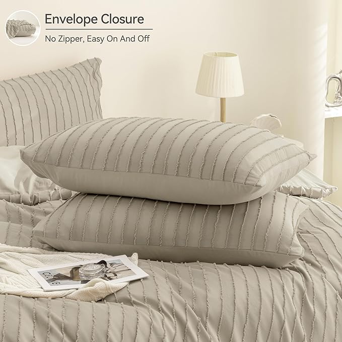 JELLYMONI Duvet Cover King Size Khaki - 3PCS Boho Striped Duvet Cover Set Polyester Tufted Bohemian Textured Comforter Cover 104×90in with Corner Ties & Zipper and 2 Pillowcases