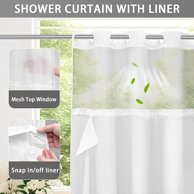 YellyHommy No Hook Shower Curtain with Snap in Fabric Liner Set Less Time White Waffle Shower Curtain for Bathroom 78" L x 72" W
