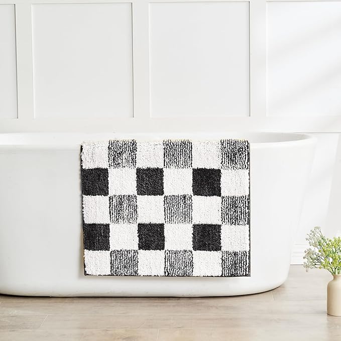CozeCube Bath mats for Bathroom Non Slip, Fluffy Absorbent Microfiber Bath mat Washable, Aesthetic Bathroom Rugs, Long Jet Black Checkered Bath mat, Jet Black, 47" x 24"