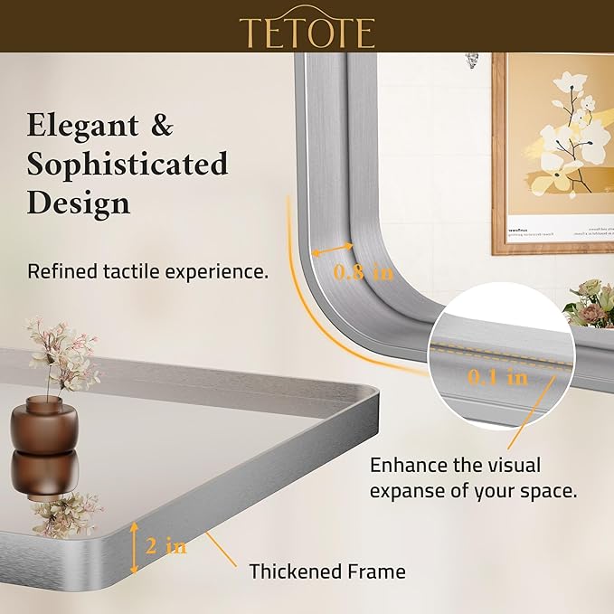 TETOTE 72 x 36 Inch Silver Bathroom Mirror, Rectangle Metal Framed Mirrors for Vanity, Brushed Silver Modern Farmhouse Round Corner Wall Mounted Large Mirror (Horizontal/Vertical)