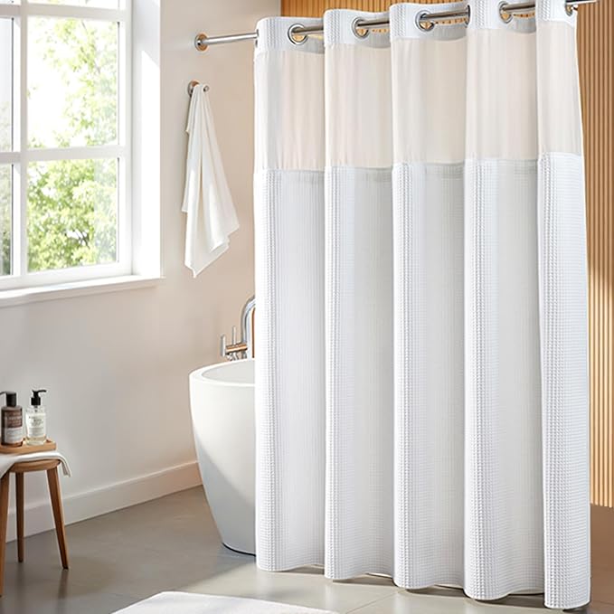 River Dream White Fabric Shower Curtain Set, Cotton Blend, Waffle Weave, with Snap in Replacement Liner，71 x 74 inches