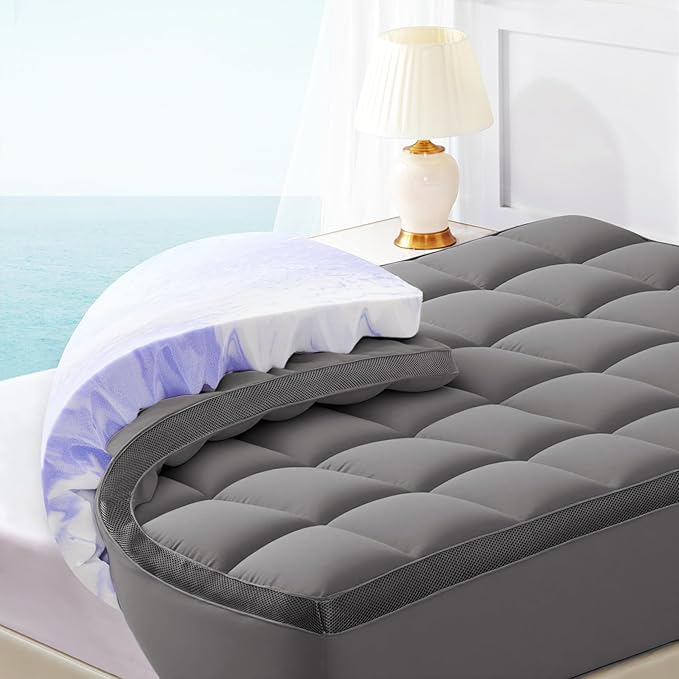 Dual Layer 4 Inch Memory Foam Mattress Topper Full - 2 Inch Gel Memory Foam and 2 Inch Pillow Top Mattress Pad, 7-Zone Egg Crate Full Size Mattress Topper (Grey)