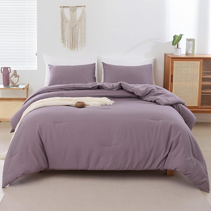 ROSGONIA Comforter Full Size for Boys Teen Girls Dusty Purple, 3pcs(1 Boho Comforter & 2 Pillowcases) Lightweight Dorm Bedding Soft All Season Bed Set