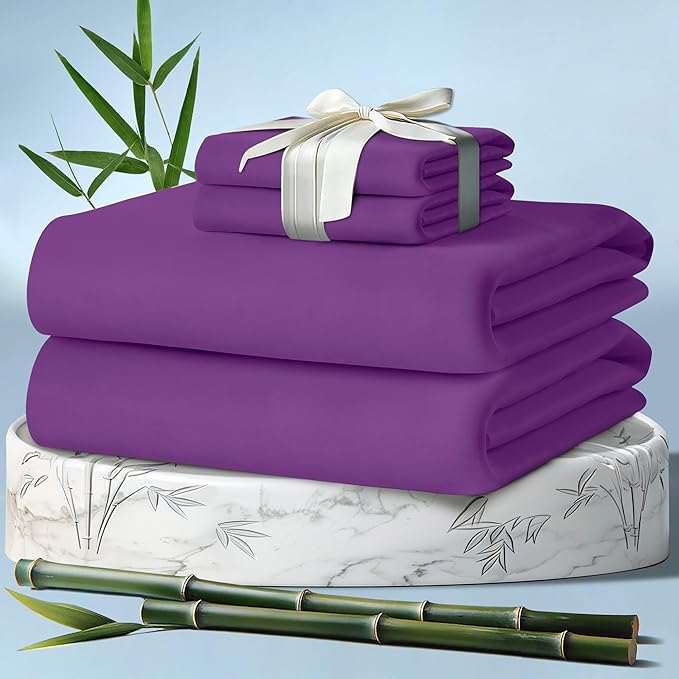 DECOLURE 100% Viscose Derived from Bamboo Sheets Full Size 4pcs - Ultra Soft & Luxuriously Cooling, 17" Deep Pocket, Double Stitching, Perfect for Hot Sleepers - Full Bed Sheets (Purple)