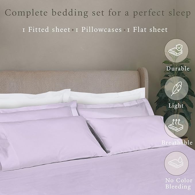 Threadmill Cotton Twin XL Sheets Set, Soft 100% Cotton, Cooling Bed Sheets with Deep Pocket Snug Fit Elastic, 500 Thread Count, 3-Pc, Hotel Quality Bed Sheets, Beats Egyptian Cotton Claim, Lilac