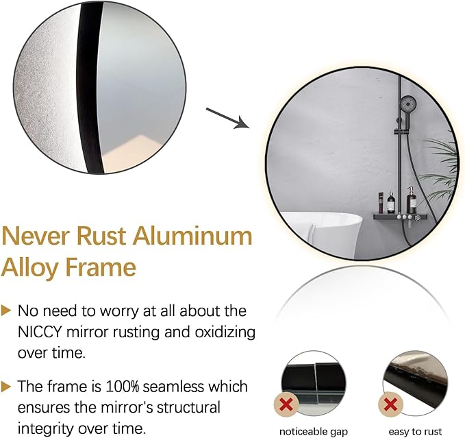 Niccy 48" LED Backlit Round Mirror for Bathroom, Black Framed Vanity Light Wall Mirror LED Smart Circle Mirrors with 3 Lighting Colors, Dimmable Lighted Mirror with Anti-Fog, IP65 Waterproof