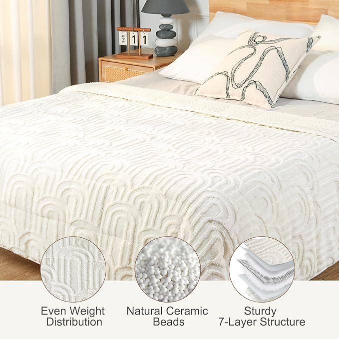 Sherpa Fleece Adult Weighted Blanket Great for Sleep, 20 lbs Dual Sided Soft Fuzzy Heavy Blankets for Couch Bed Sofa, Cozy Warm Arched Jacquard Throw for Winter (Cream White, 60" x 80", 20 Pounds)