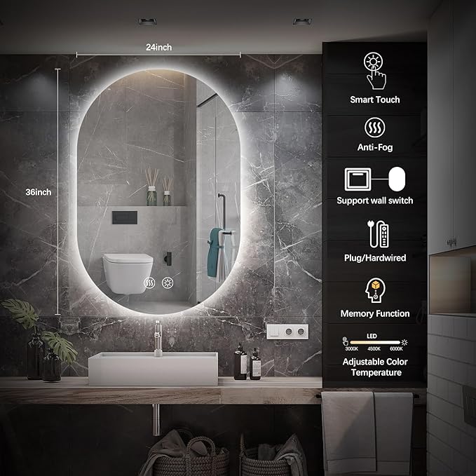 Niccy Oval LED Bathroom Vanity Mirror, 36x24inch Frameless Backlit Mirror with Light, Smart Anti-Fog Waterproof Mirror with Memory Function Dimmable Lighted Mirror